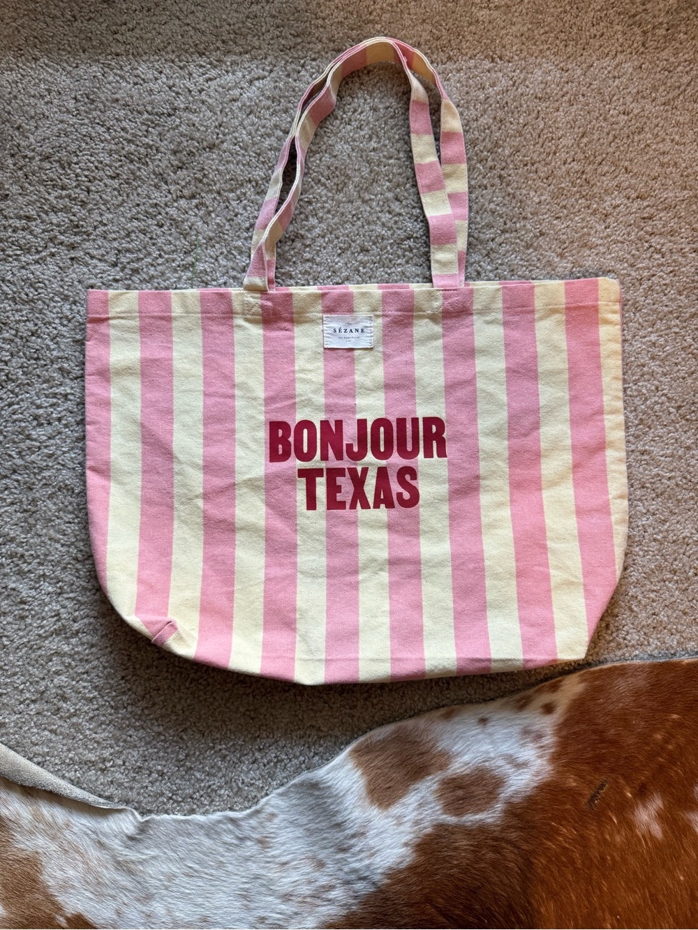 Sézane Striped 'Bonjour Texas' Large Tote Bag - Pink & Pastel Yellow